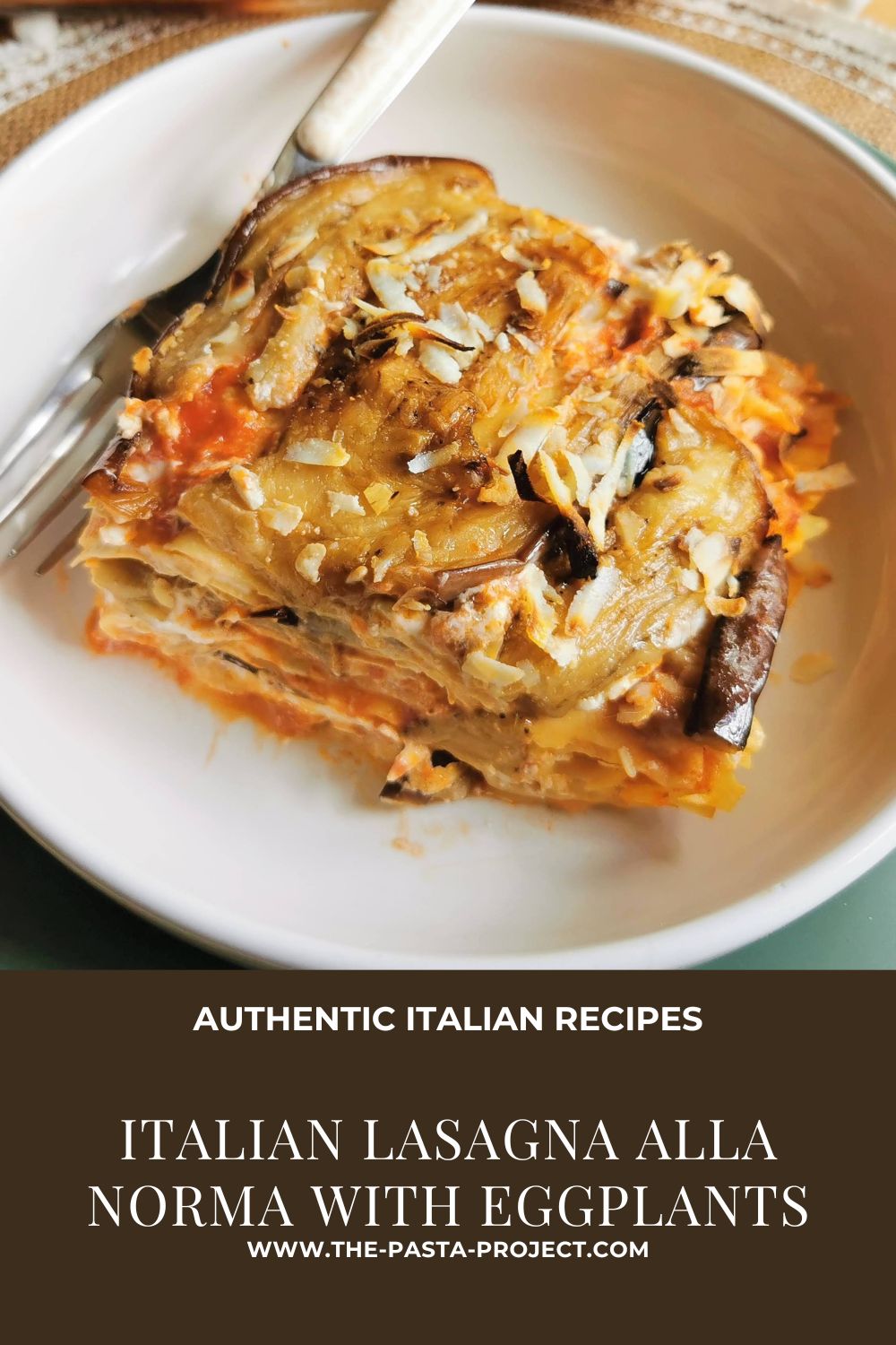 Verticle image with text for Pinterest of lasagna alla Norma.