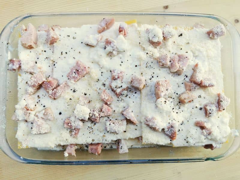 lasagna valdostana ready to go in the oven