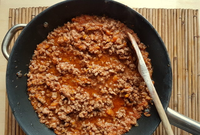 Bolognese ragu in frying pan