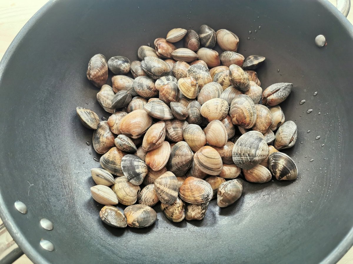 Washed clams in deep frying pan.