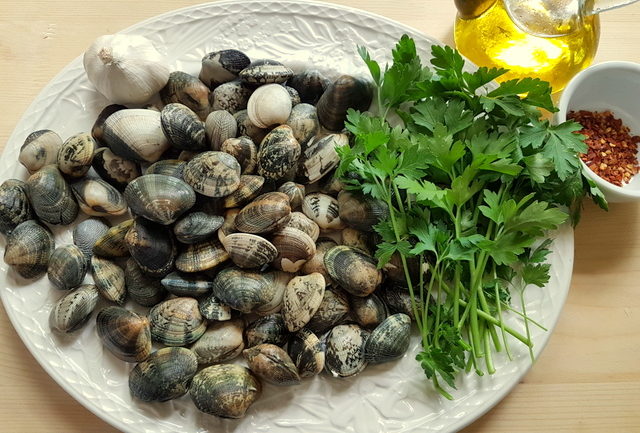 Ingredients for pasta alle vongole on a white plate