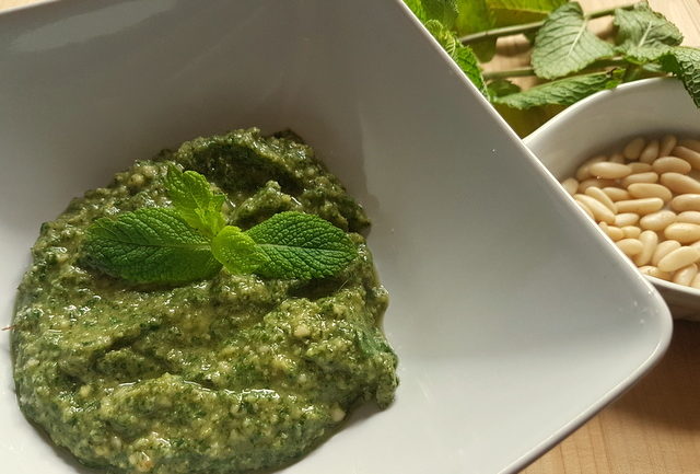 mint pesto in white bowl