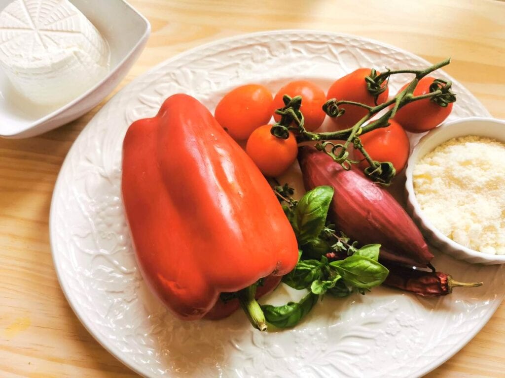 ingredients for pesto calabrese on white plate