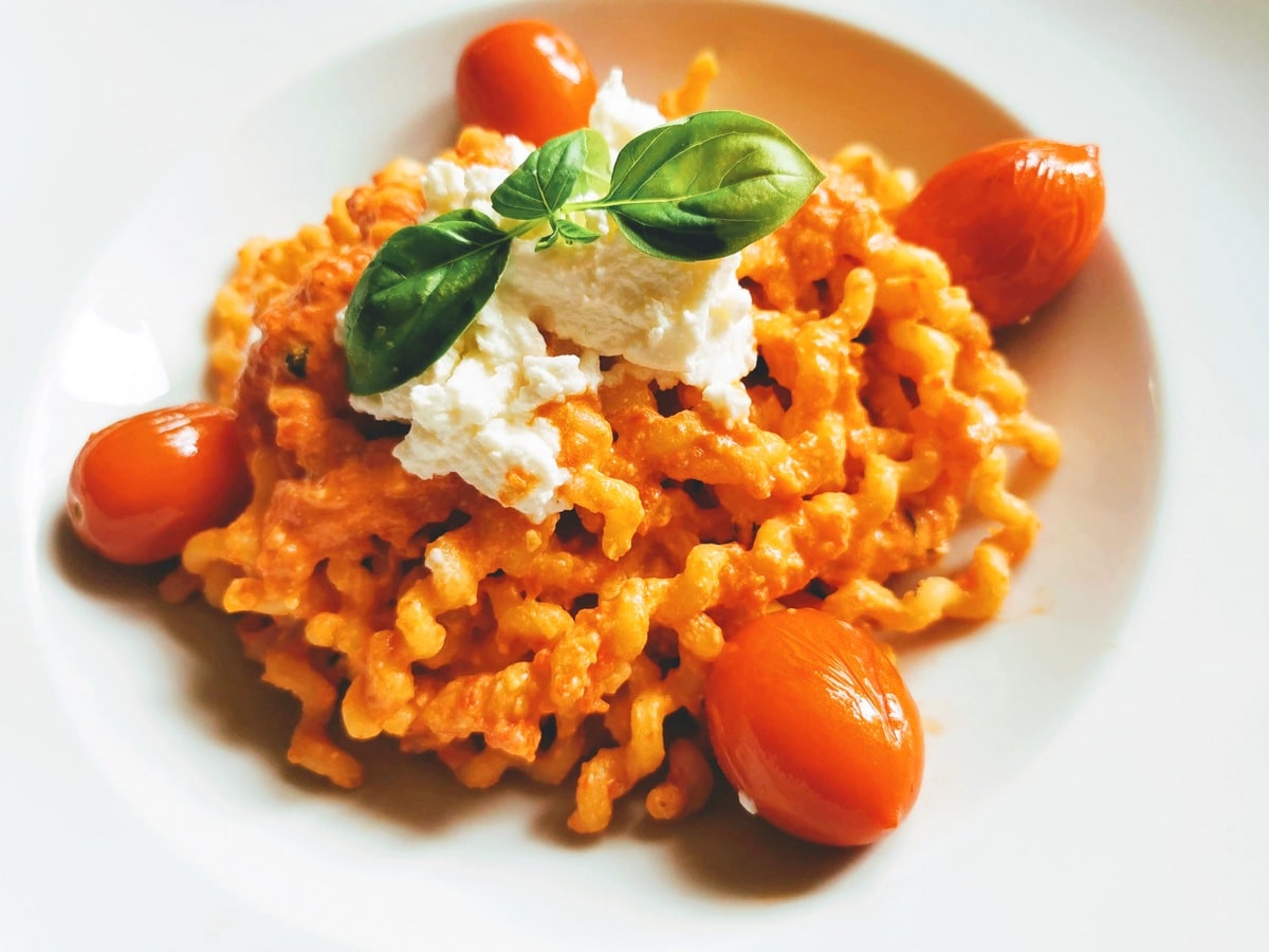 Long fusilli pasta with pesto calabrese.