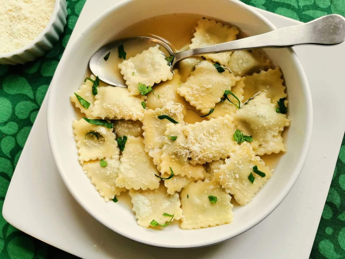 Meat ravioli in a bowl.