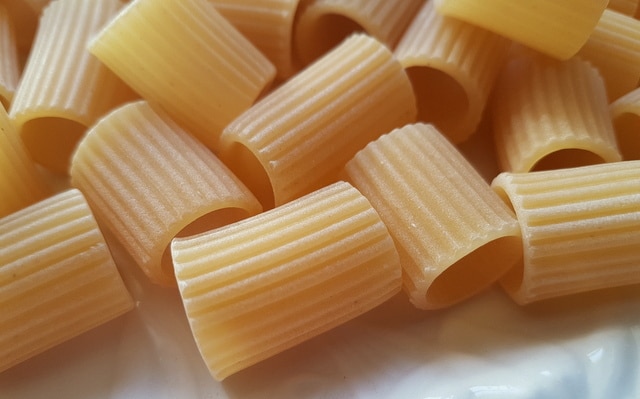 close up of mezze maniche pasta tubes