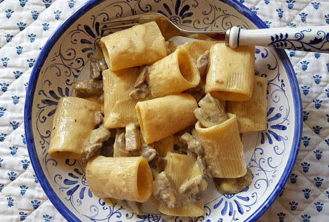 mezzi paccheri with mushrooms and cream in blue and white bowl