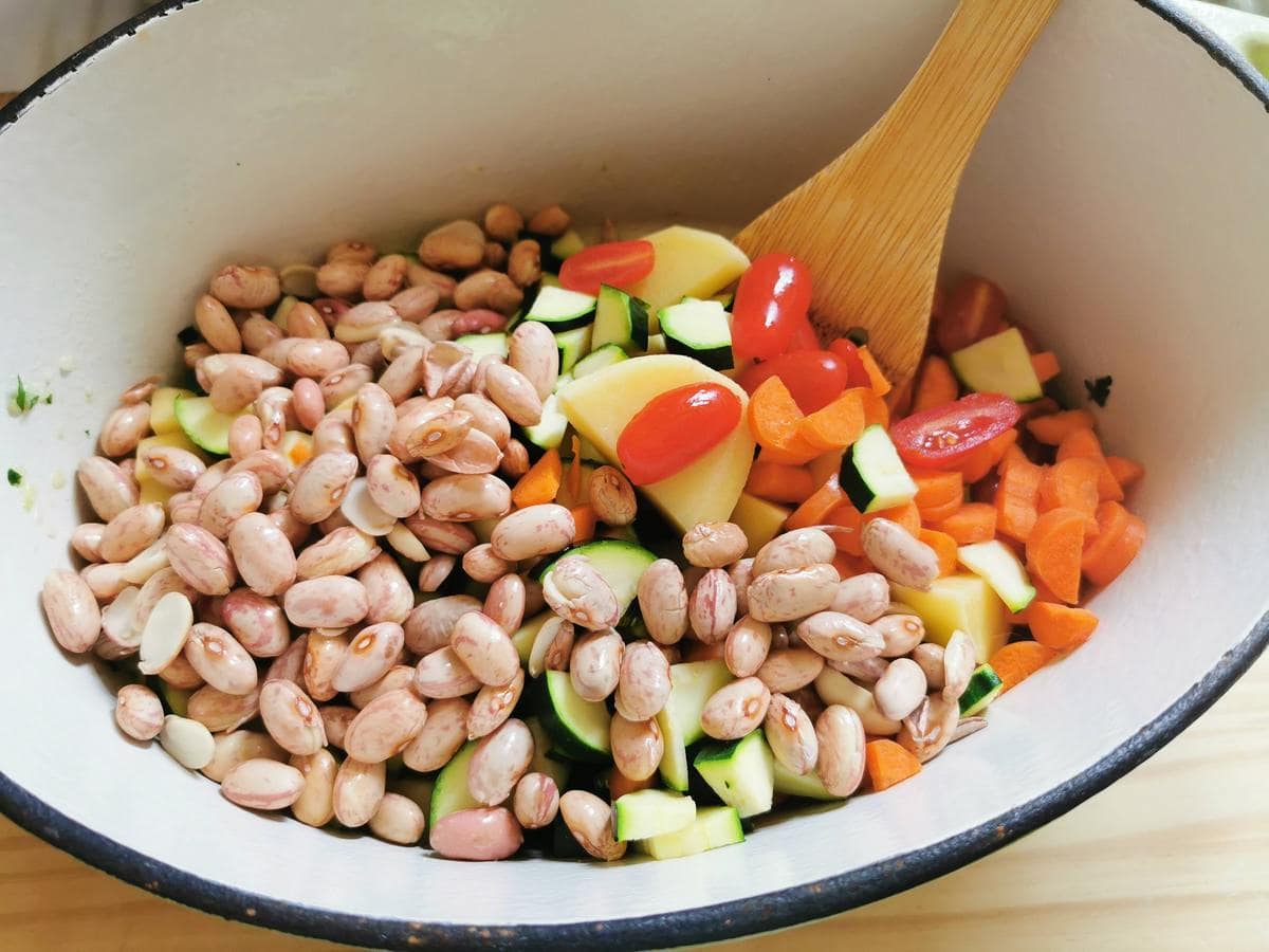 All the vegetables for minestrone Milanese (except the peas and cabbage) and the beans in the Dutch oven.