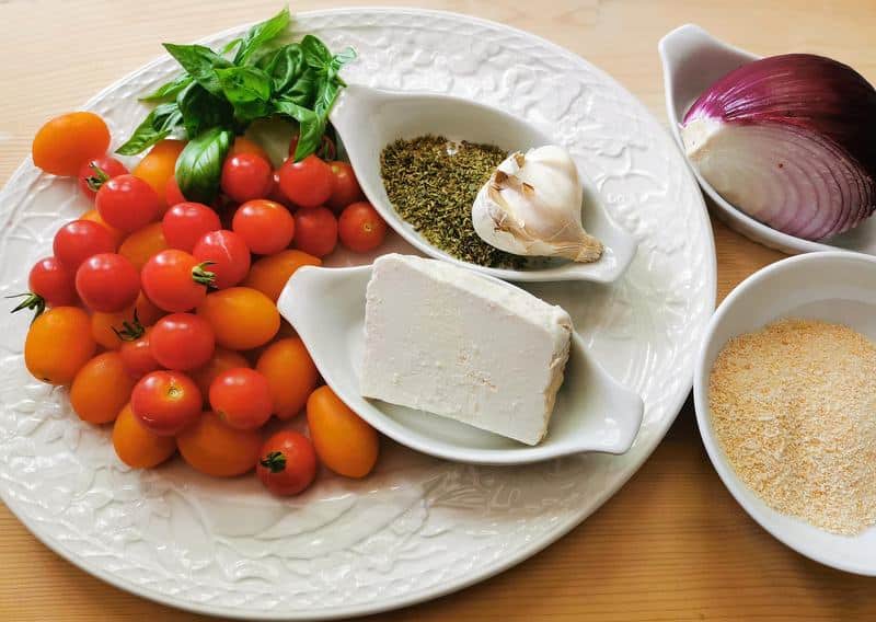 ingredients for orecchiette with roasted tomatoes
