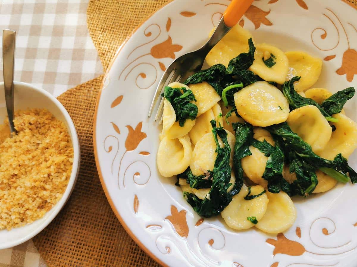 Orecchiette and broccoli rabe served with garlic breadcrumbs.