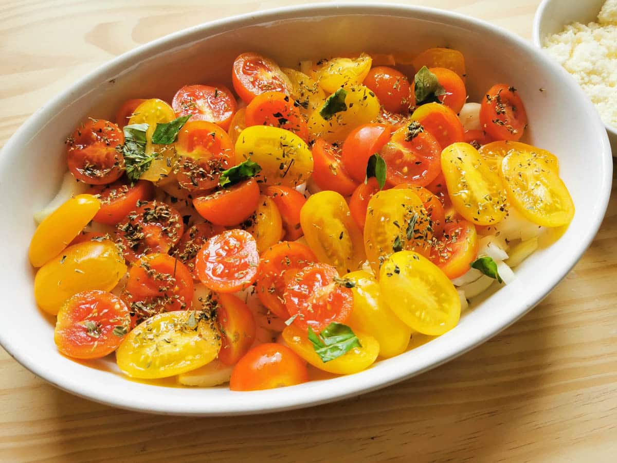 Cherry tomatoes in a baking dish