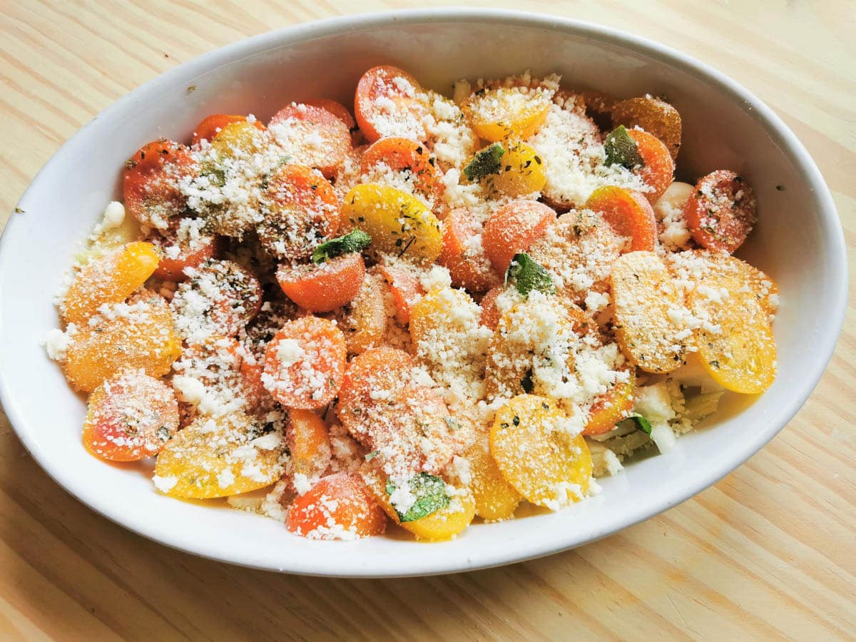 Pecorino Romano and breadcrumbs added to the cherry tomatoes