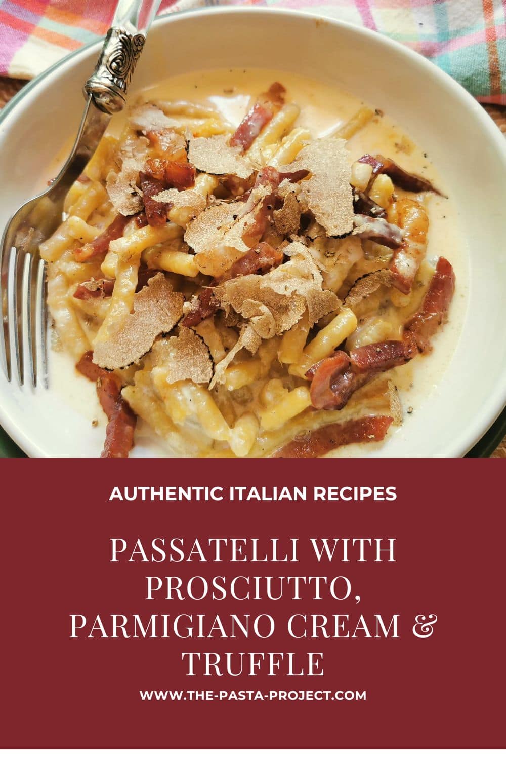 Pinterest image for passatelli pasta with prosciutto and Parmigiano cream and black truffle