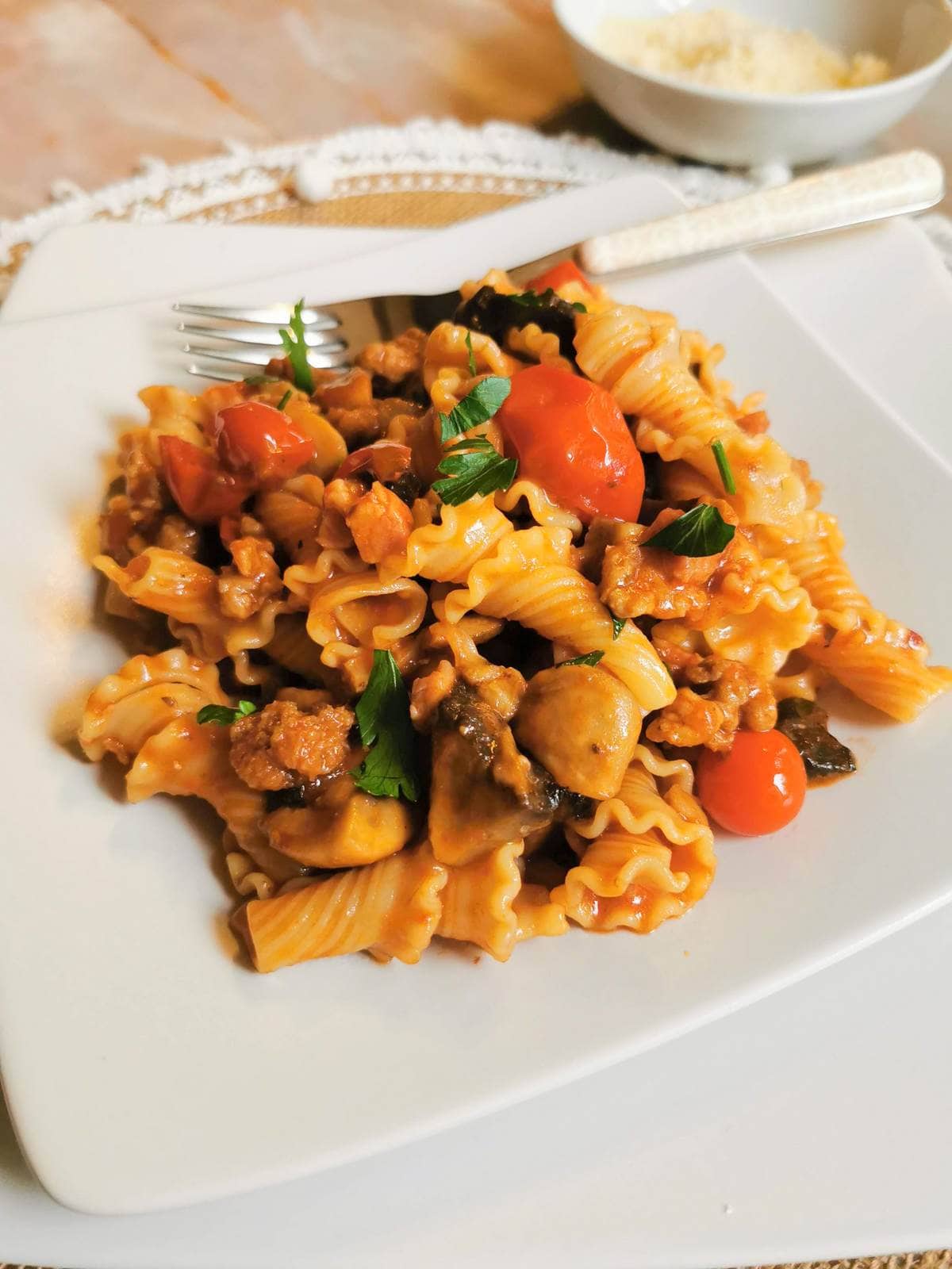 Pasta alla boscaiola with sausage and mushrooms.