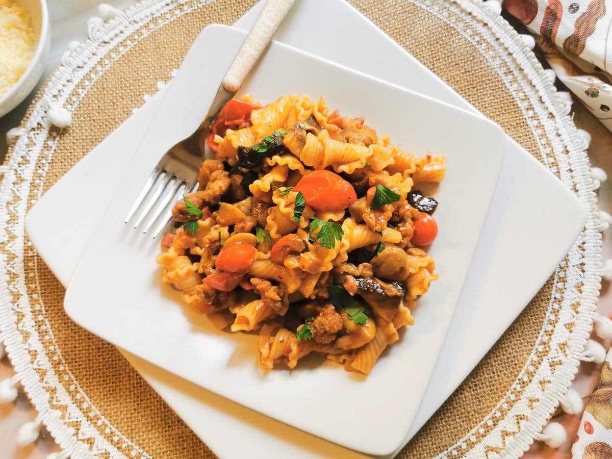 pasta alla boscaiola with sausage and mushrooms.