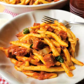 Spicy sausage pasta in a bowl.