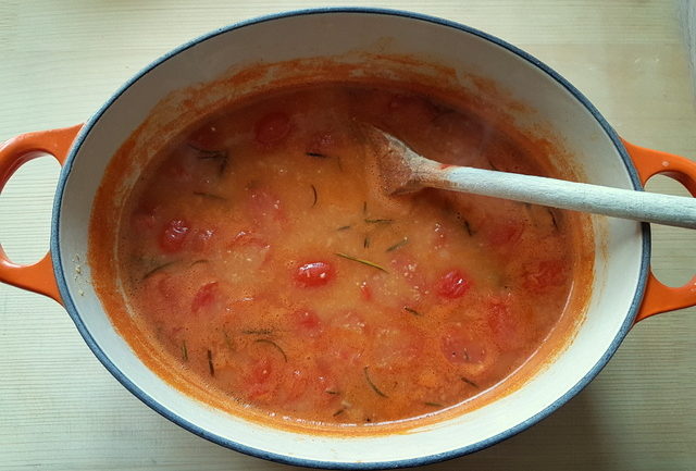 pasta and chickpea soup in pot without pasta