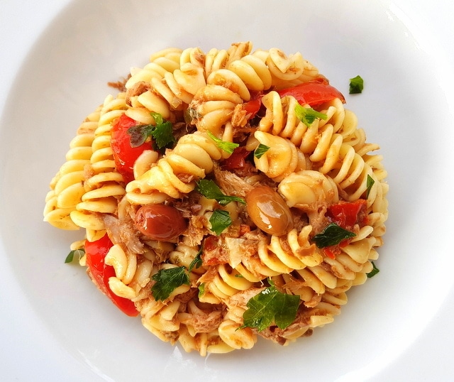 Pasta with black olive pesto and tuna.