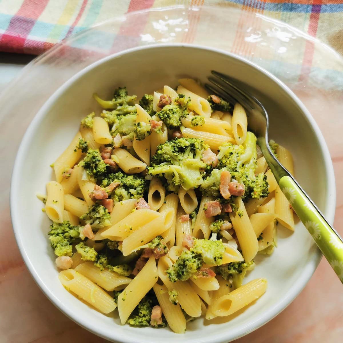Pasta with broccoli and pancetta.
