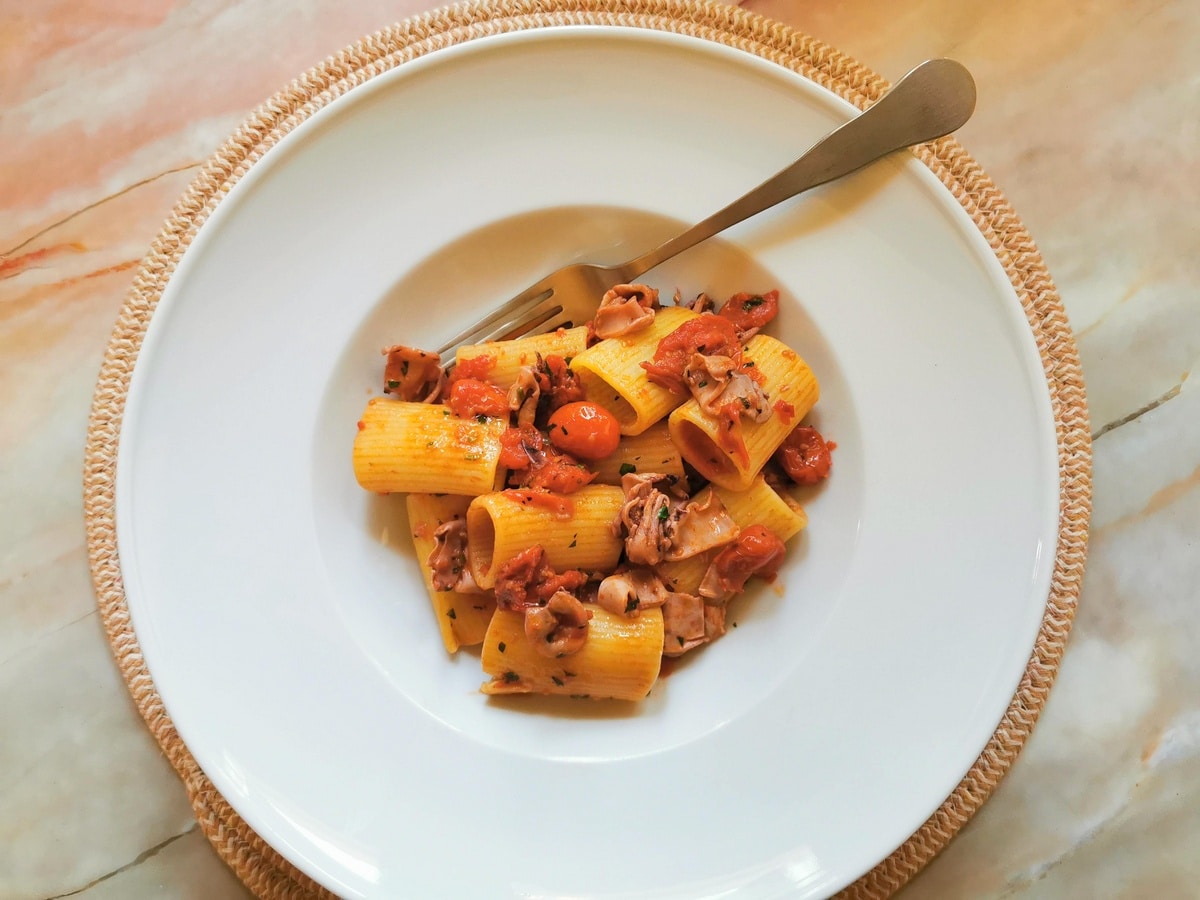 Calamari pasta in a bowl.