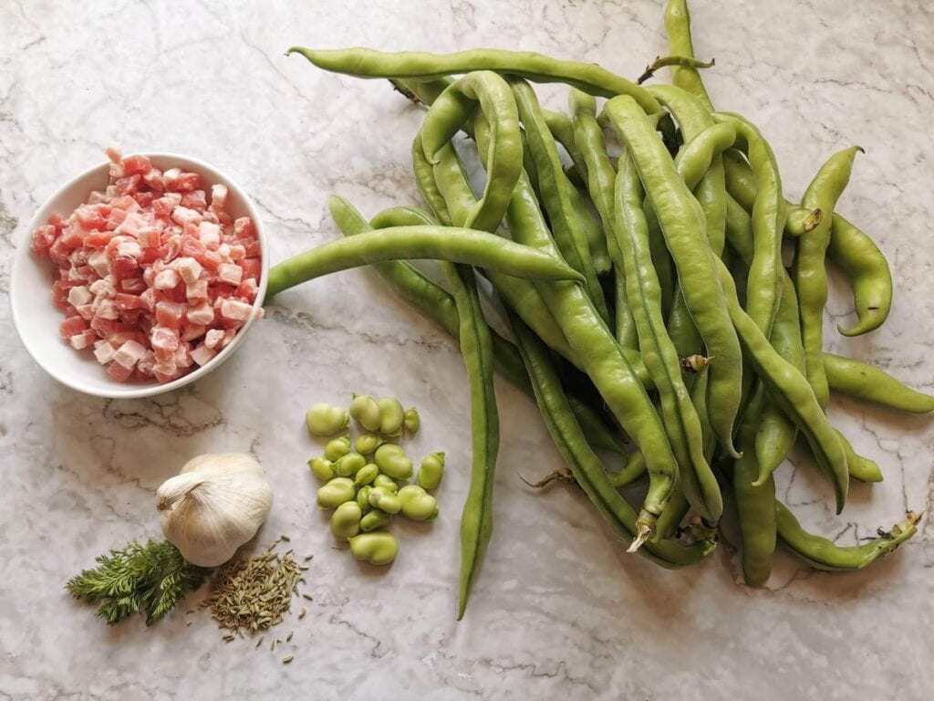 ingredients for pasta with fava beans and pancetta