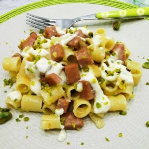 pasta with mortadella and pistachios