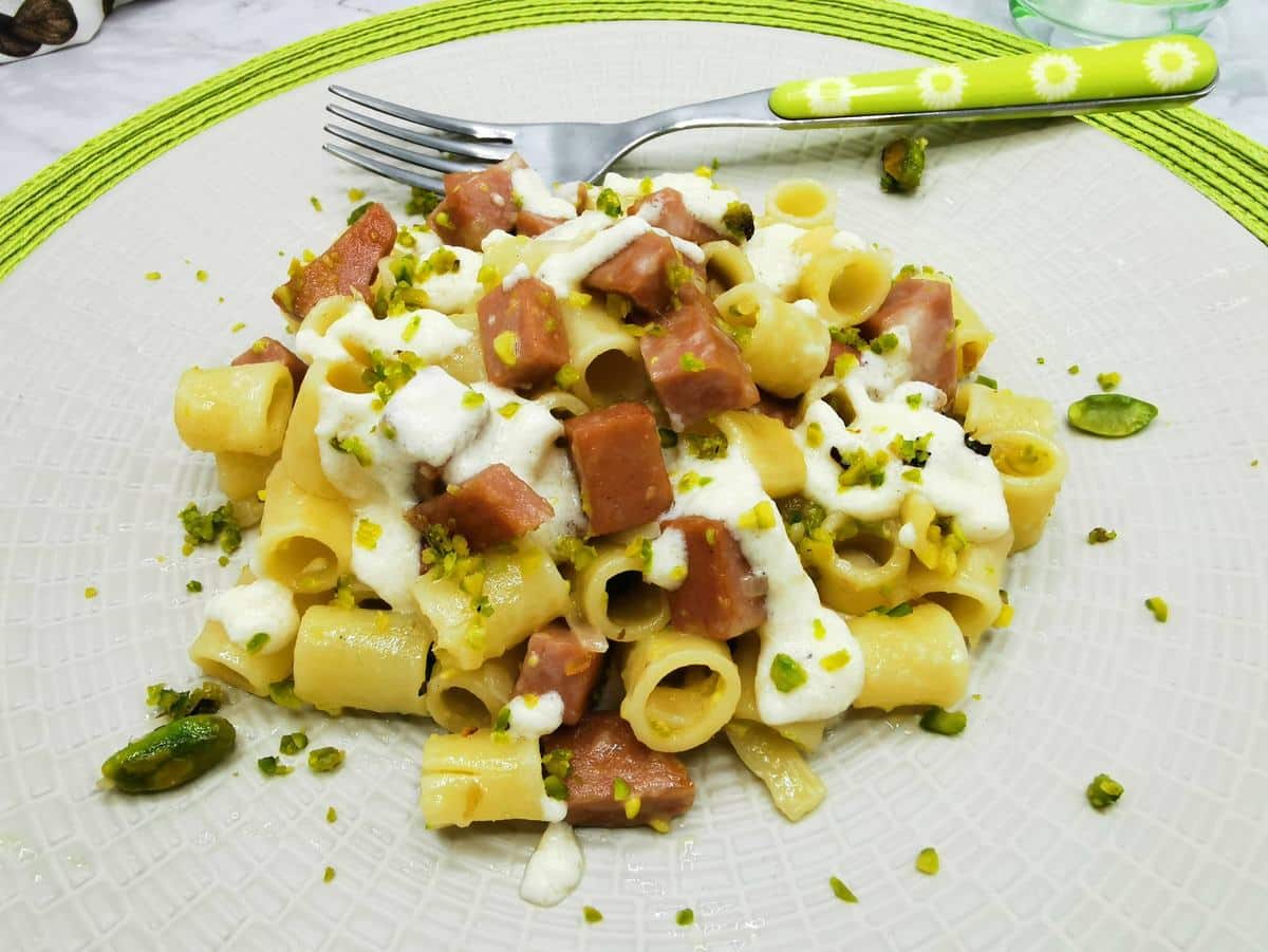 Pasta with mortadella and pistachios.