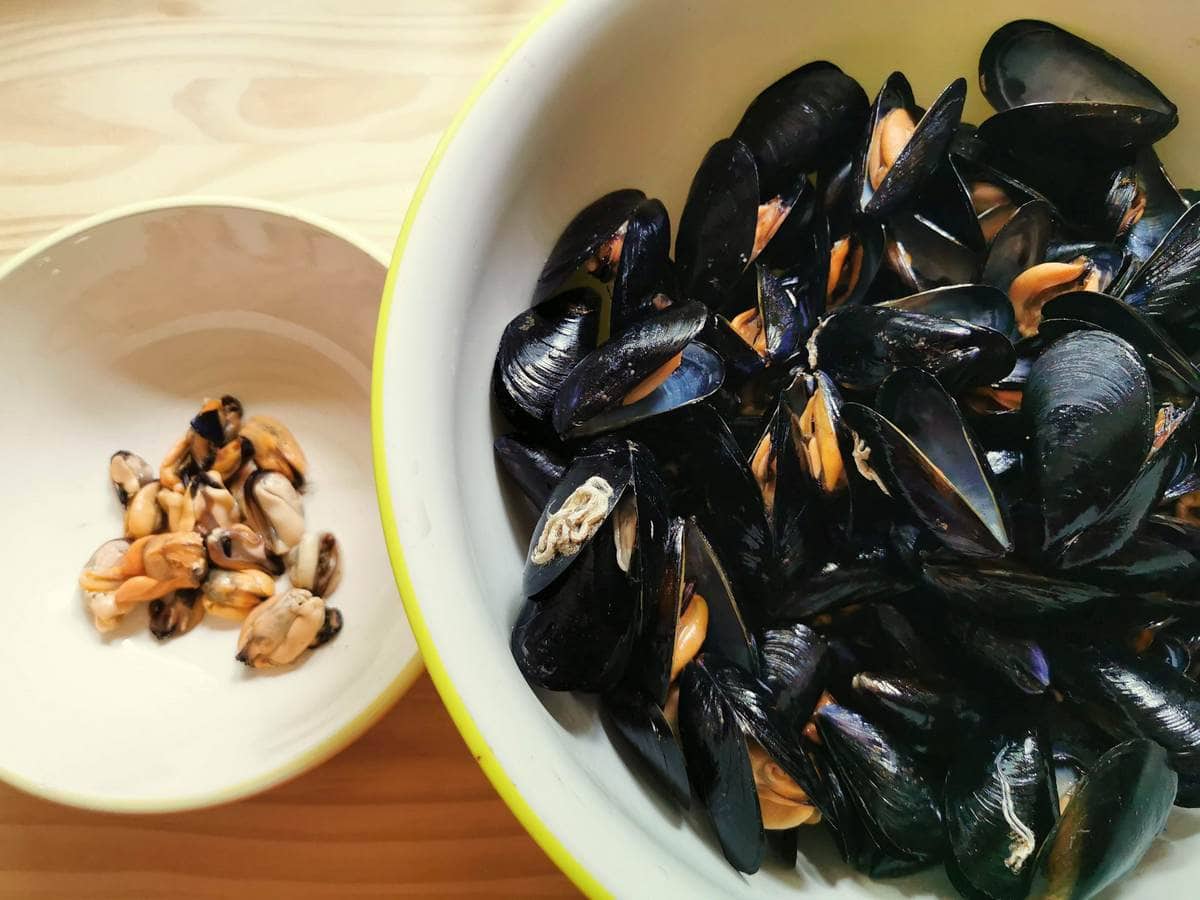 Cooked mussels in large bowl and some shelled mussels in smaller bowl.
