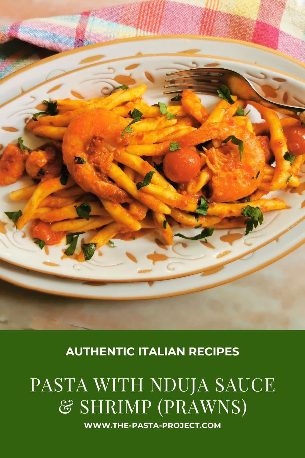 Verticle image with text for Pinterest of pasta with nduja sauce and shrimp.