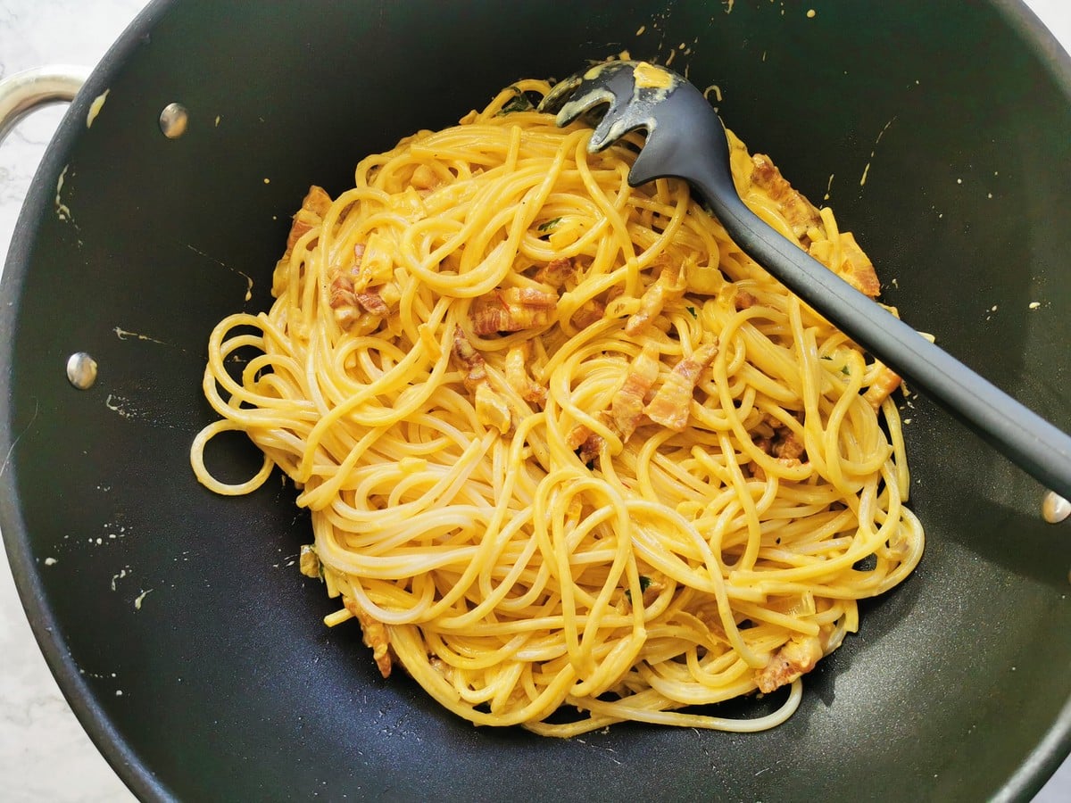 Saffron pasta in a pan.