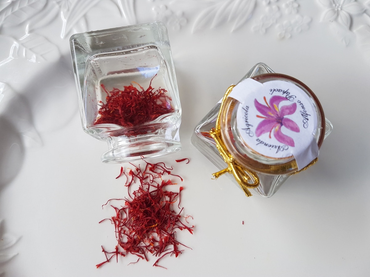 Saffron in a glass jar from Abruzzo in Italy.