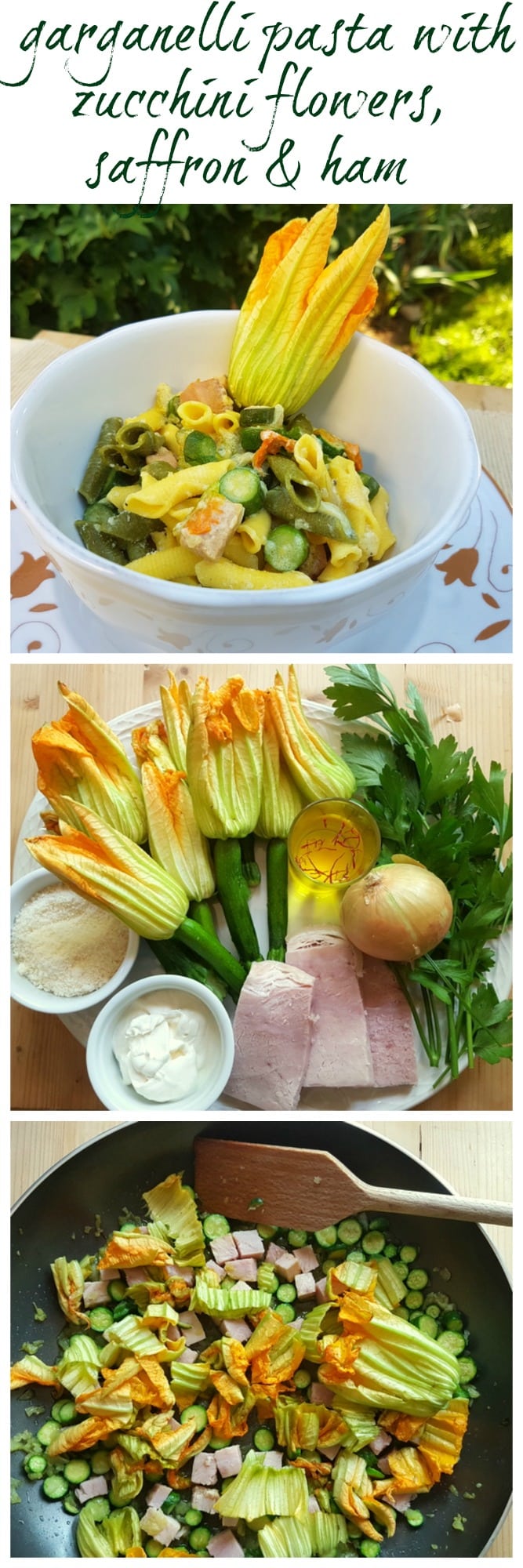 pasta with zucchini flowers, saffron and ham