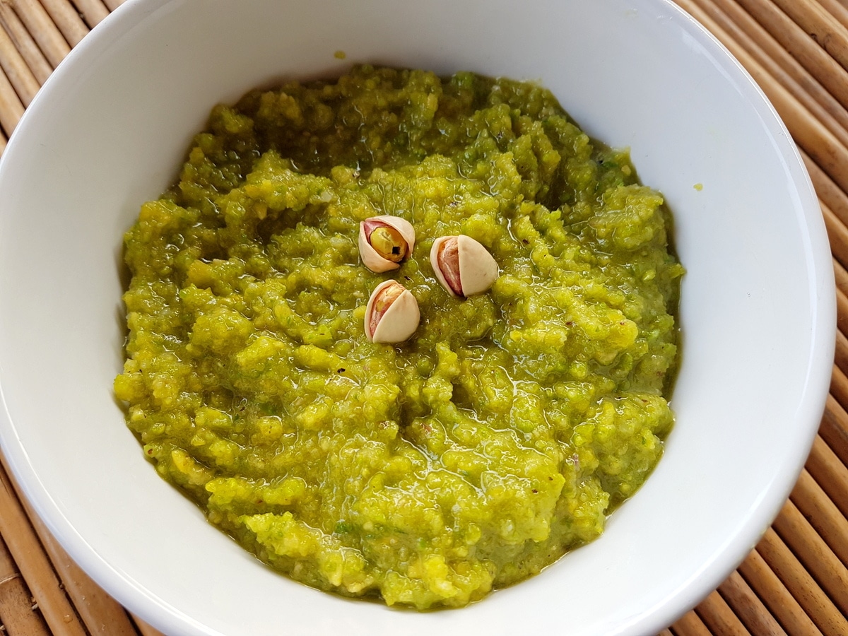 Pistachio pesto garnished with addition pistachios.