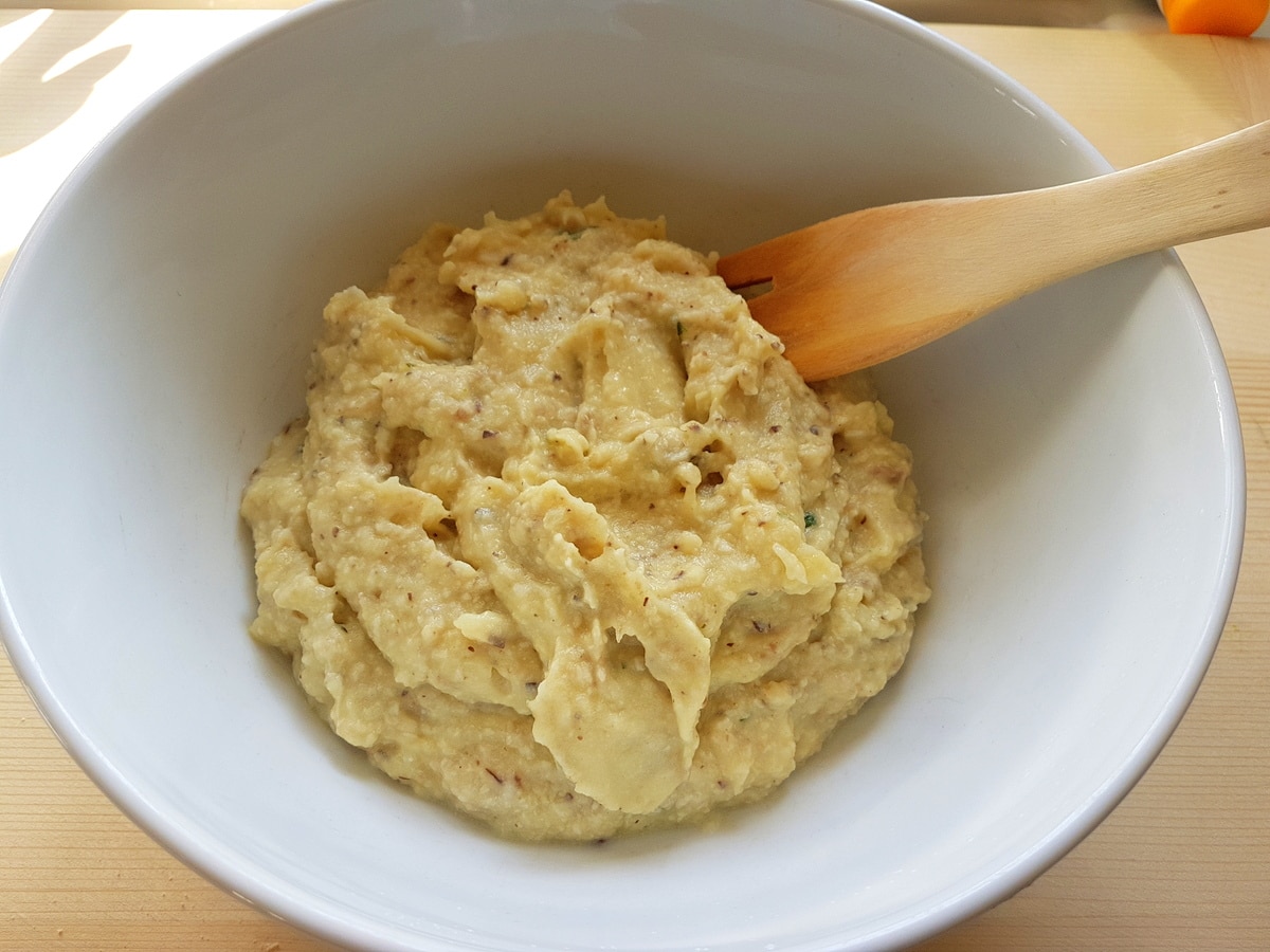 potato and mushroom filling in white bowl