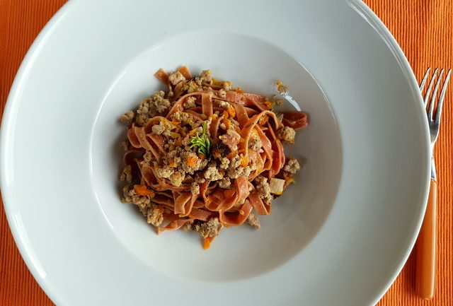 red wine pasta from Barolo with white ragu