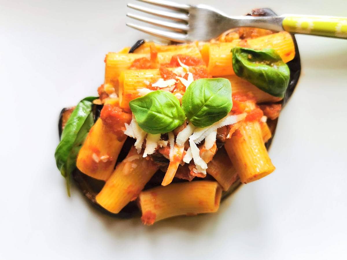 Rigatoni pasta alla Norma.