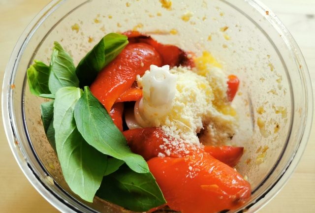 roasted red peppers, basil, cheese and garlic in food processor