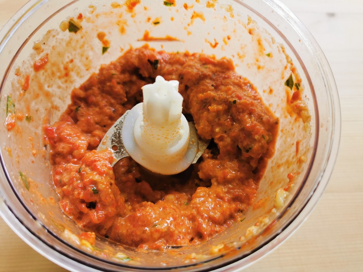 Roasted red pepper pesto in a food processor.