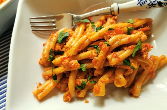 roasted red pepper pesto with casarecce