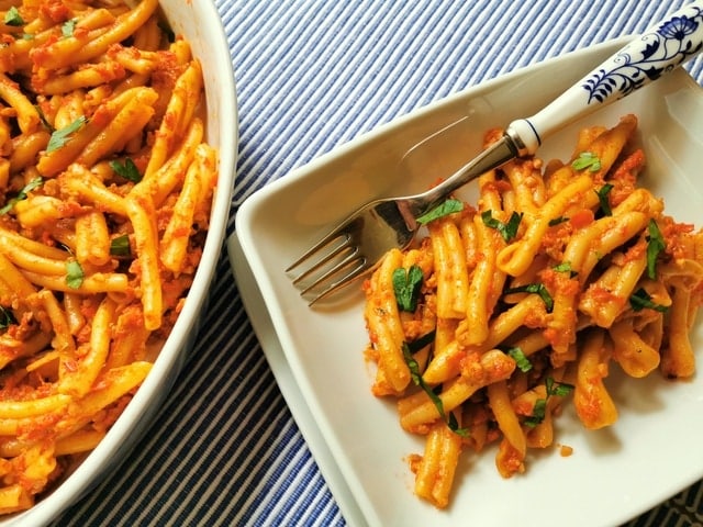 casarecce with roasted red pepper pesto