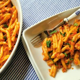 casarecce pasta with roasted red pepper pesto