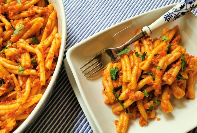 casarecce pasta with roasted red pepper pesto