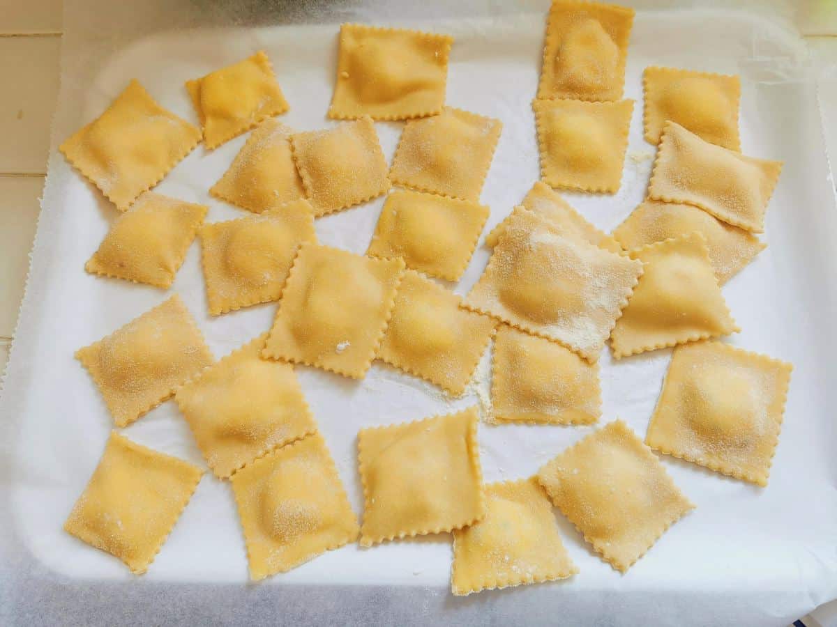 Ready fresh robiola cheese ravioli on flour dusted baking sheet.