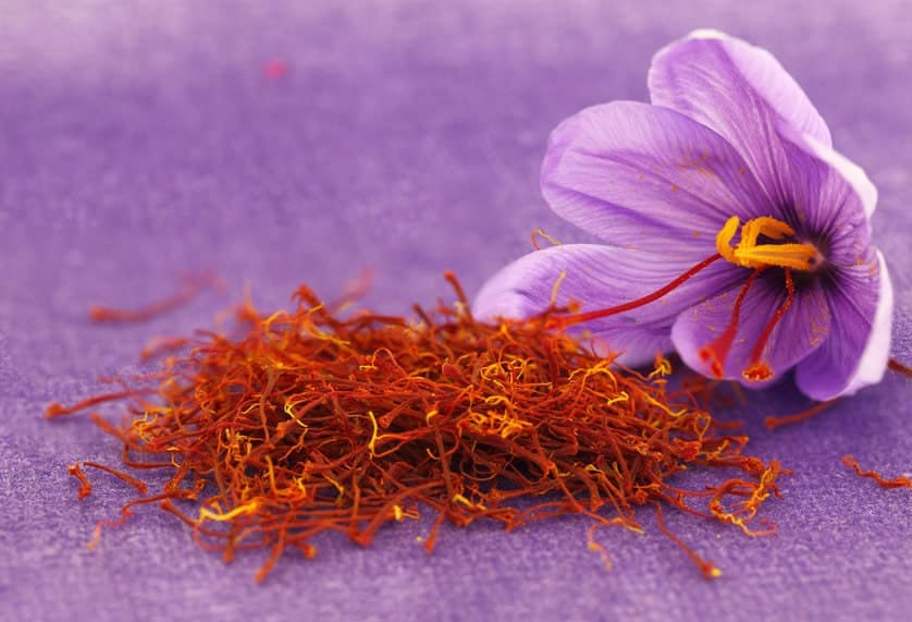 saffron threads and flower on mauve surface.