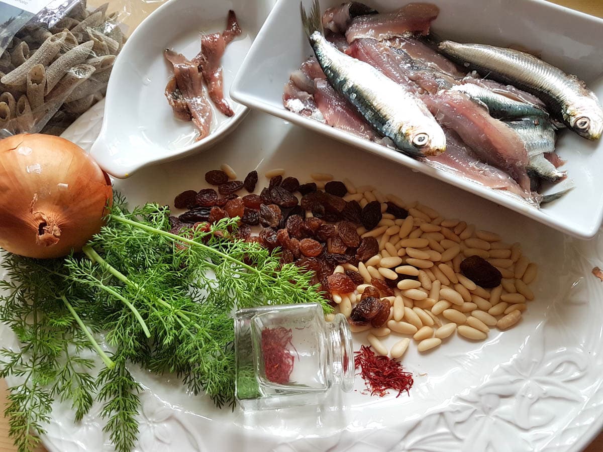 Sardine pasta ingredients in bowls