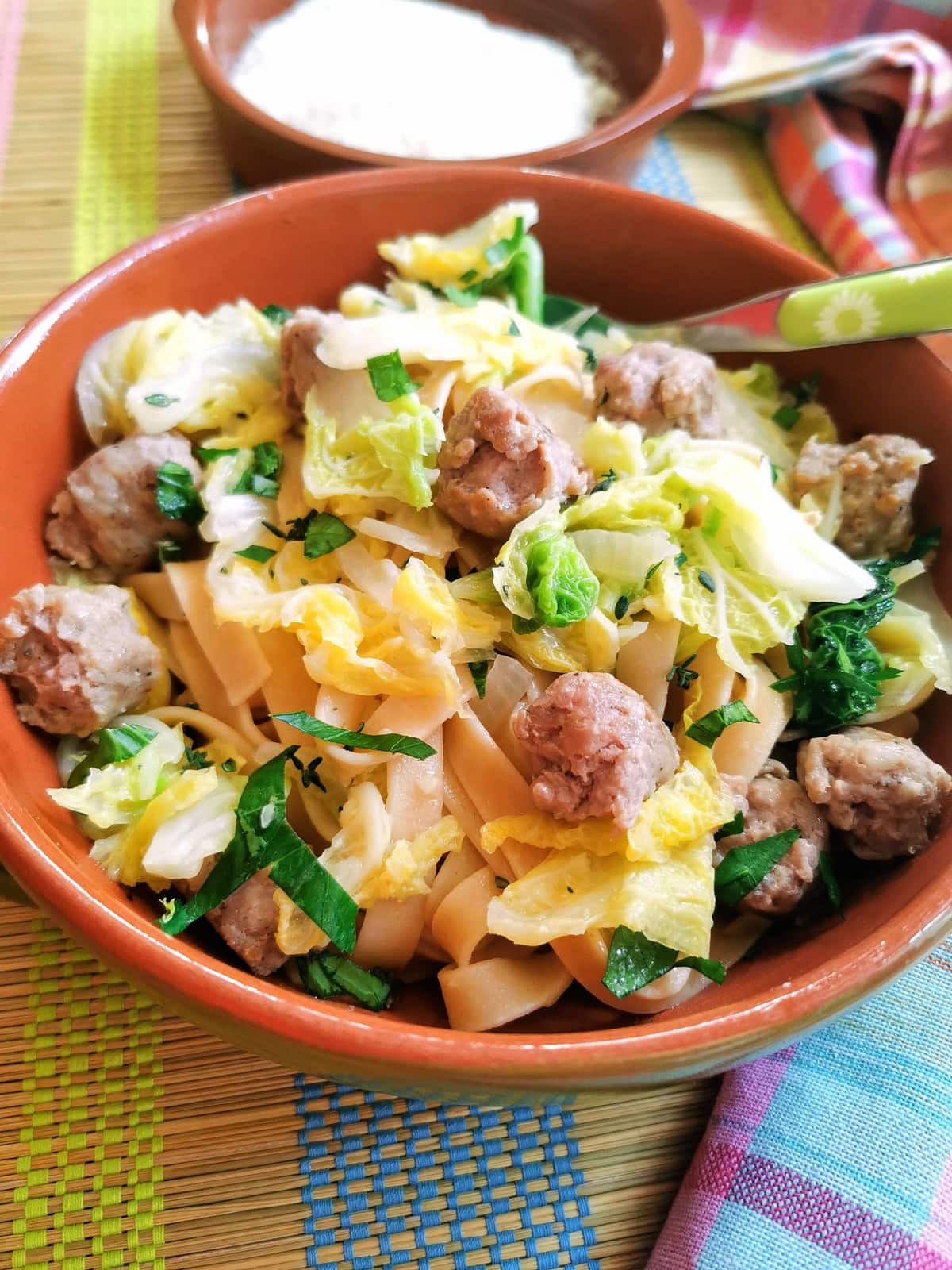 sausagae and cabbage pasta.
