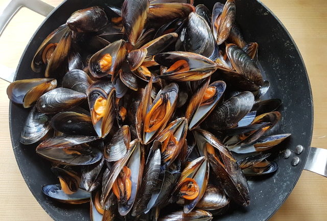 mussels cooking in large pot