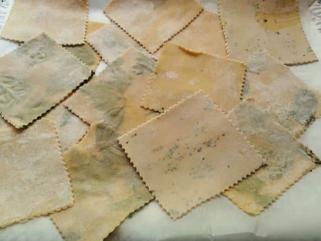 Ready fresh silk handkerchief pasta (fazzoletti) on tray.
