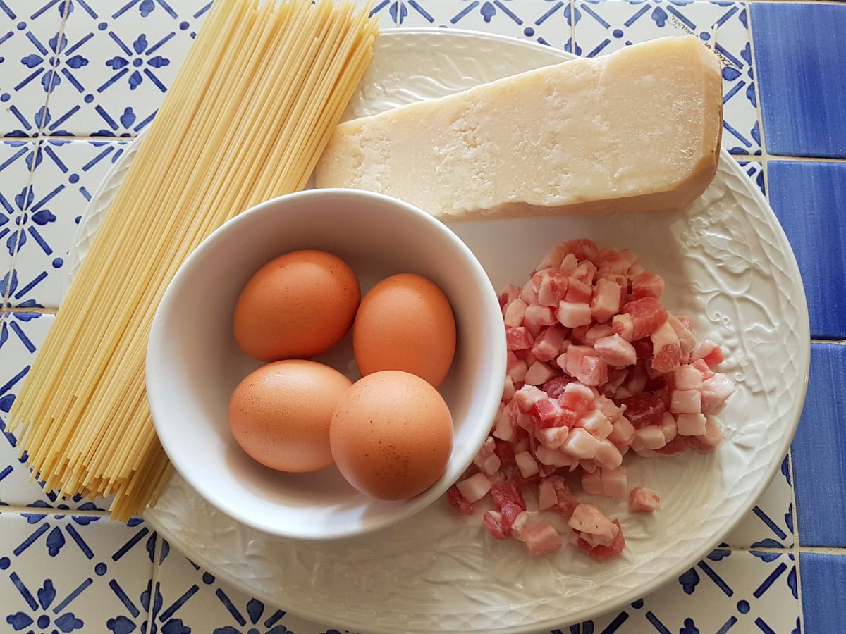 Ingredients for authentic carbonara on white plate.