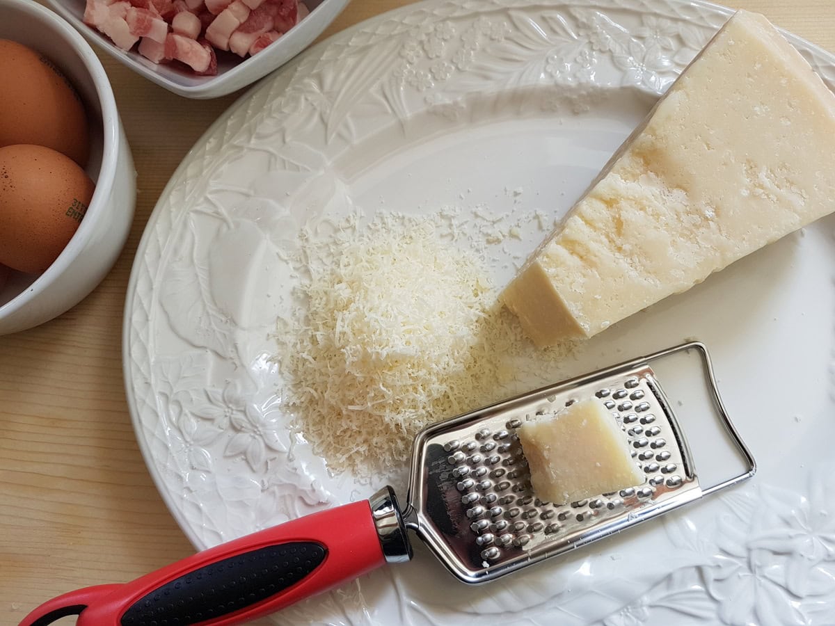Freshly grated pecorino on white plate.